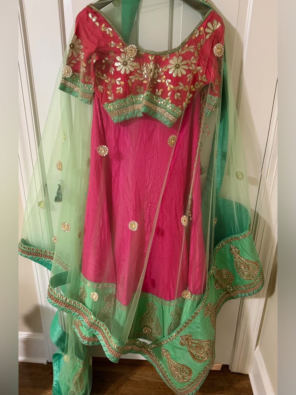 Vibrant Pink & Green Embroidered Festive Lehenga Choli